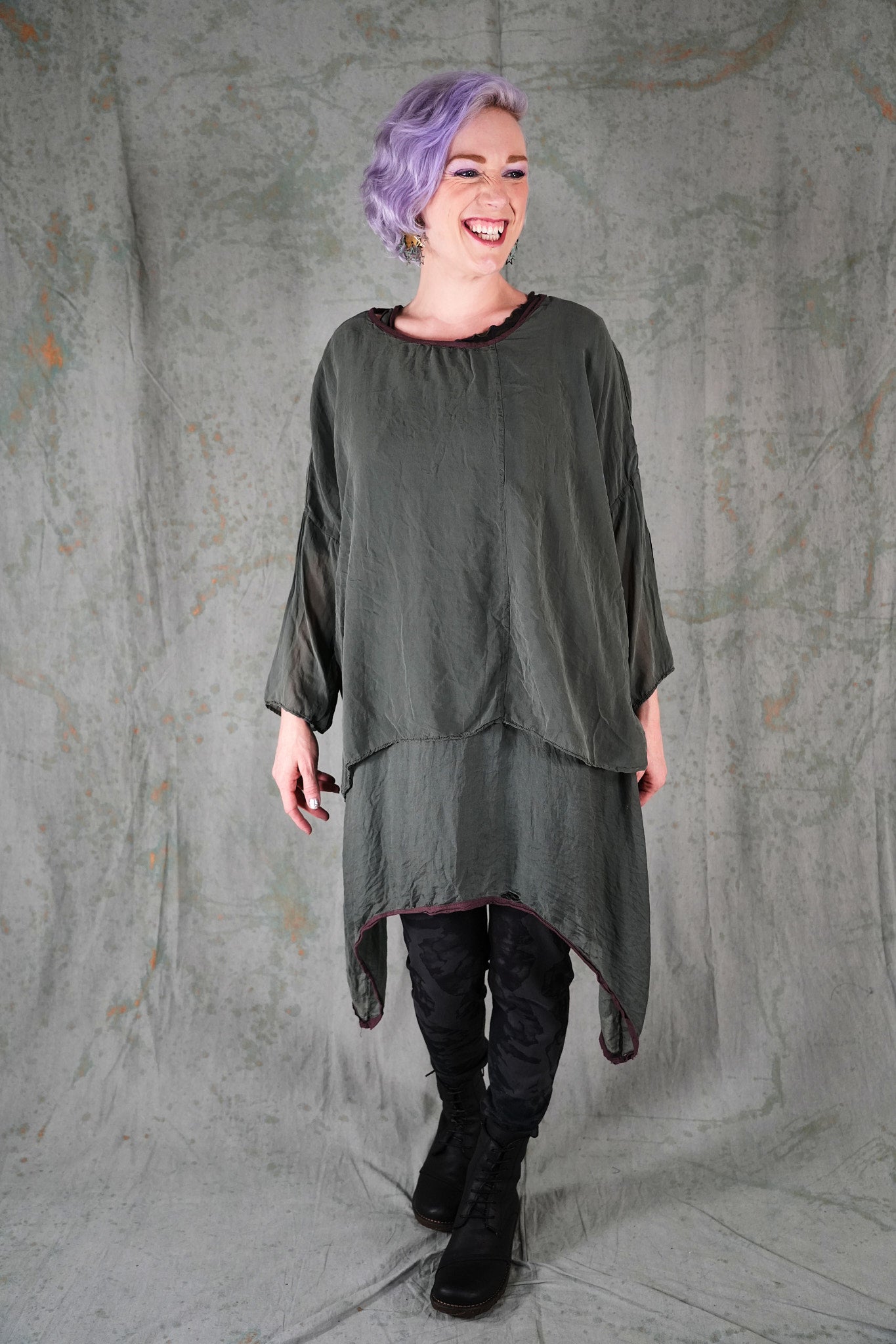 1385 Sheer Silk Layering Top Dark Sage-U