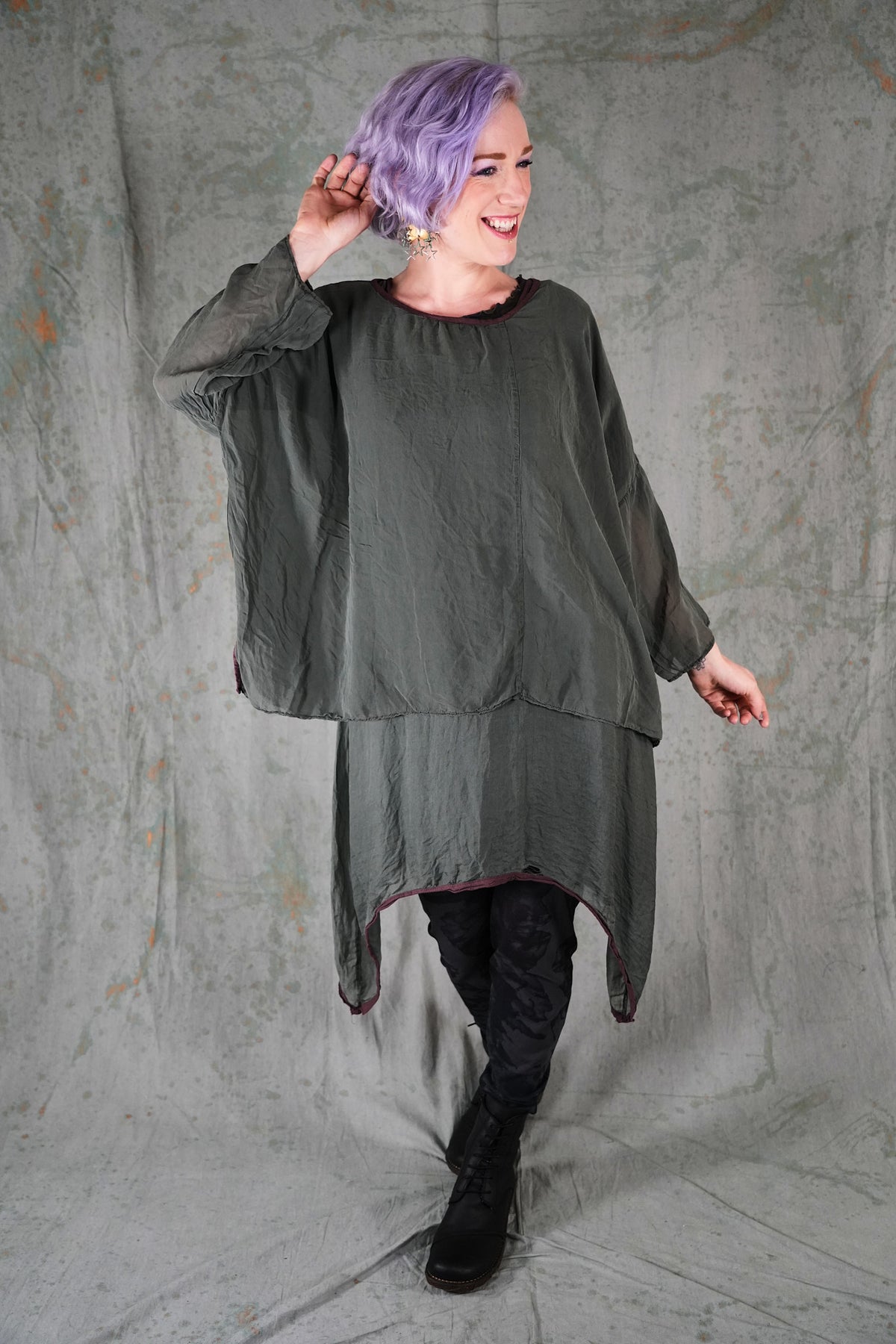 1385 Sheer Silk Layering Top Dark Sage-U