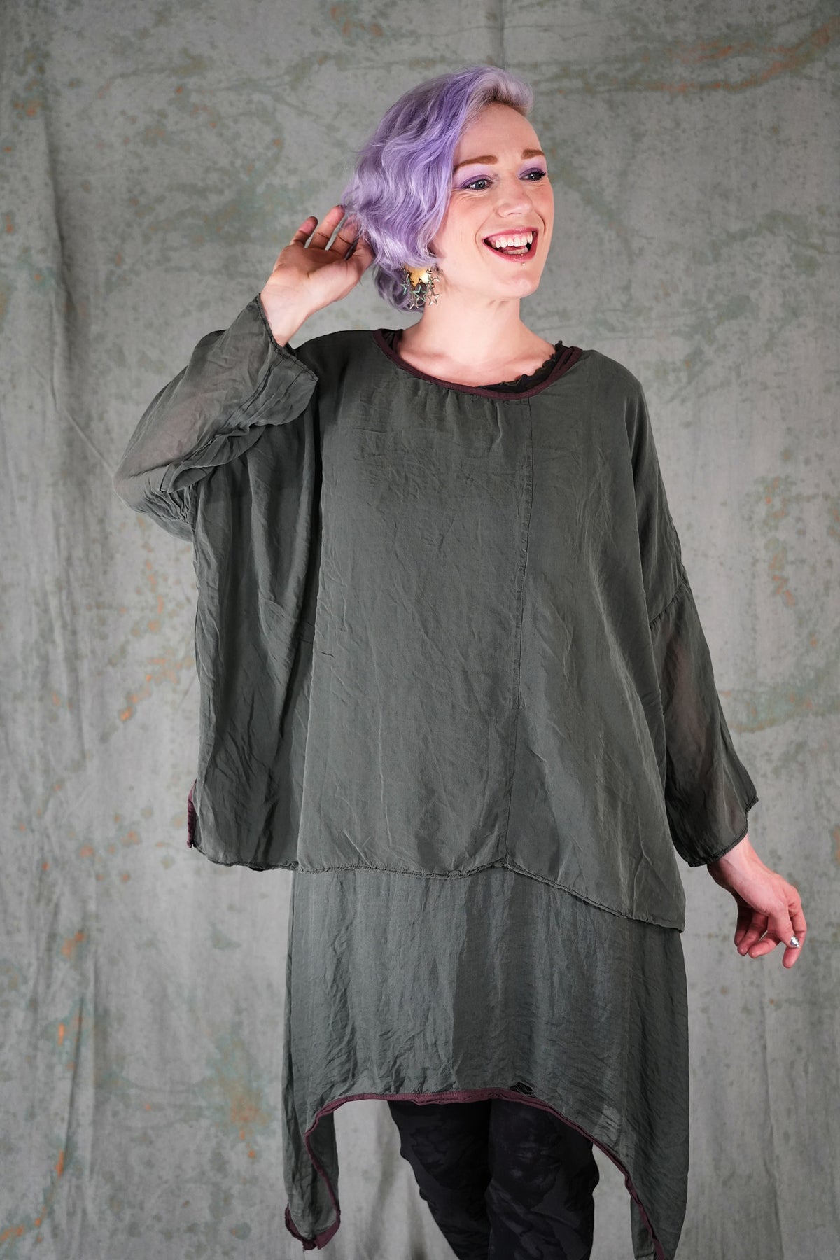 1385 Sheer Silk Layering Top Dark Sage-U