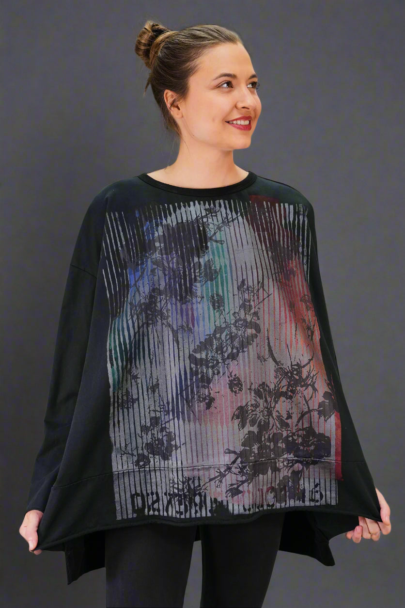 2321 Contrast Bind Sweatshirt Black Linear Floral-P